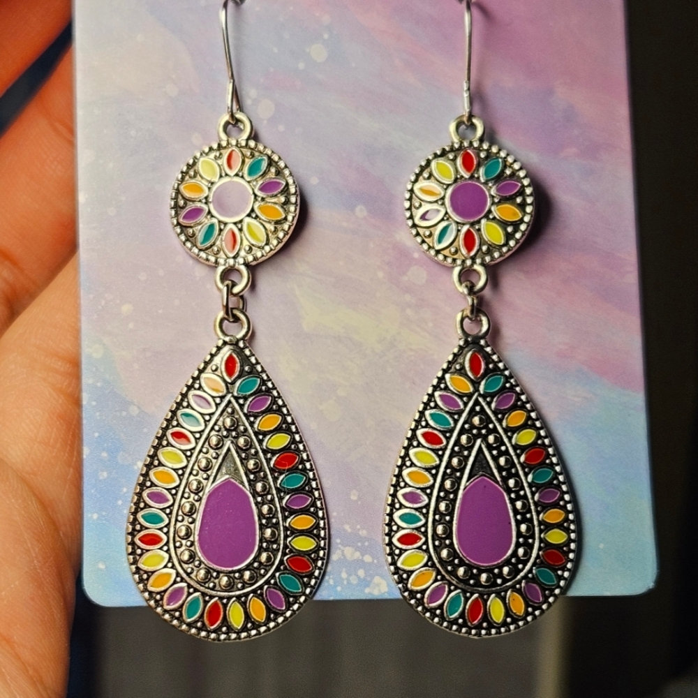 colorful teardrop earrings in silver